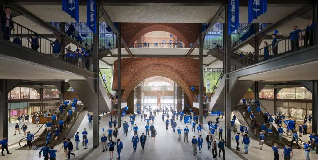 Brick arches frame cheering crowds, blending warmth of heritage with modern stadium energy.