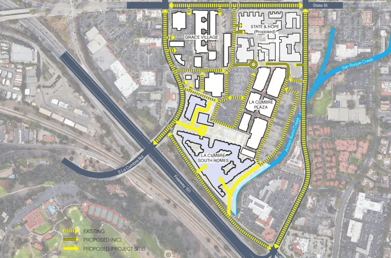 Diagrammatic illustration of the project showing residential blocks, public and private spaces, highlighting the waterway and courtyards.