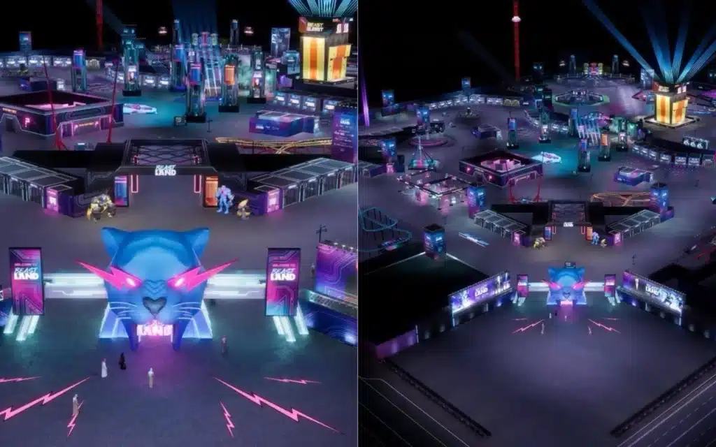 Night view of Beast Land showcasing interactive lighting and colorful facades