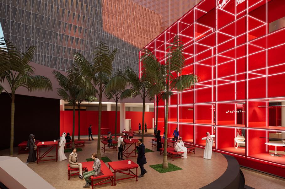 منظر خارجي للمعرض يعكس التوازن بين المواد المستدامة والمساحات المفتوحة.