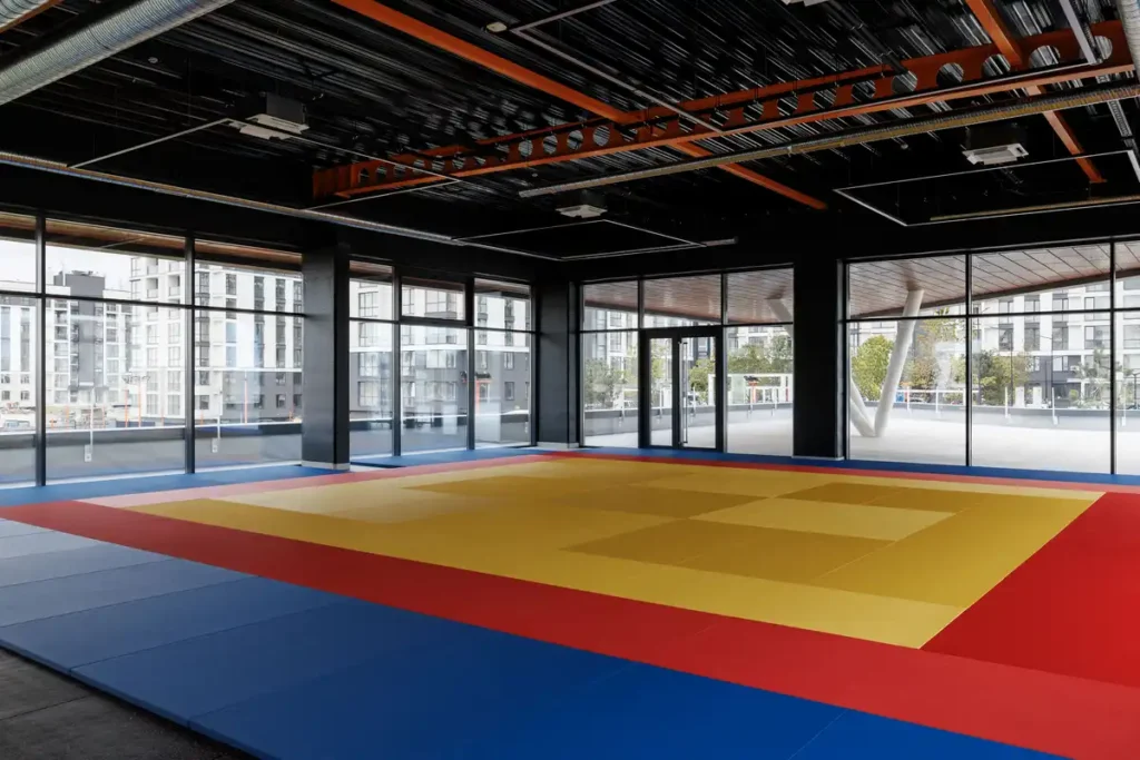 قاعة رياضية داخلية بسجاد ملون (أزرق، أحمر، أصفر) تحت سقف أسود مكشوف، مع نوافذ زجاجية ضخمة تطل على الخارج.