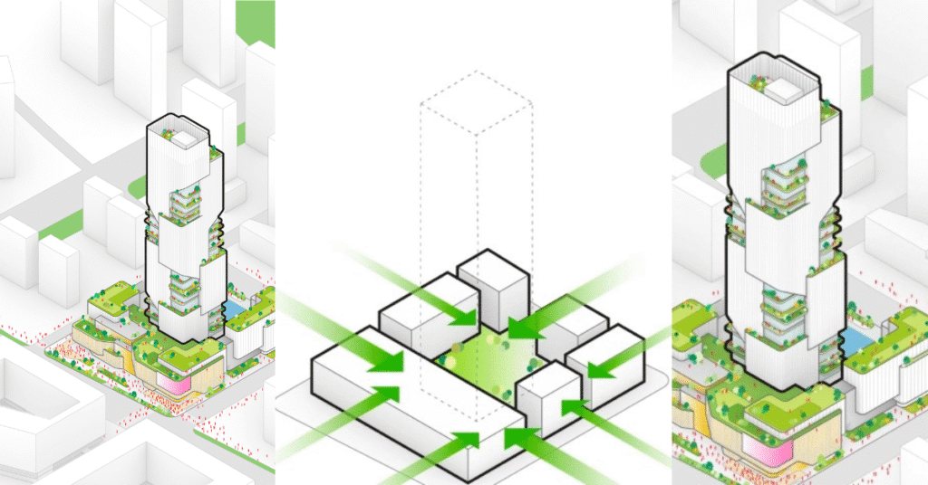 مخطط يُظهر تدفق الحركة والضوء عبر التراسات الخضراء والممرات المفتوحة.