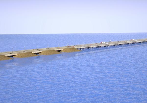 جسر يمتد في الأفق فوق بحر أزرق، يُشعرك بالاتساع والانسيابية بين السماء والماء.