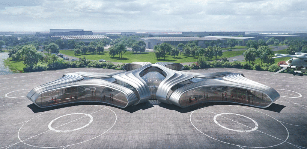 Elevated landing platform with smooth, organic rooftop lines