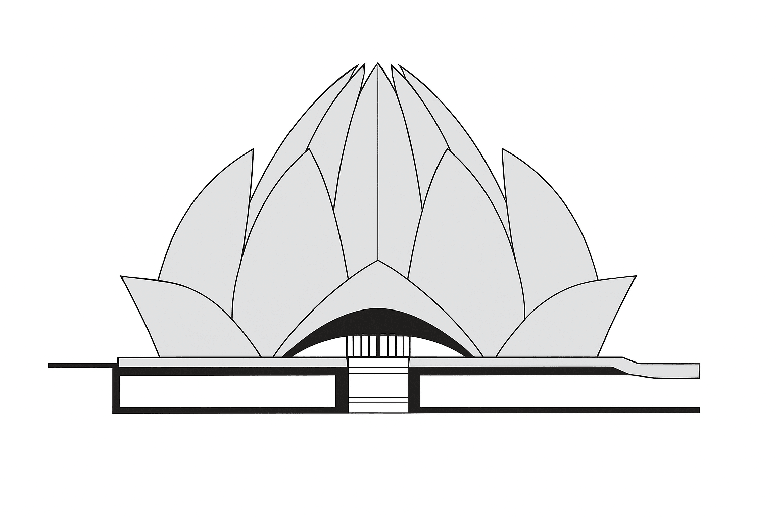 A simplified architectural illustration of a lotus-shaped building with layered petal forms and a central entrance.