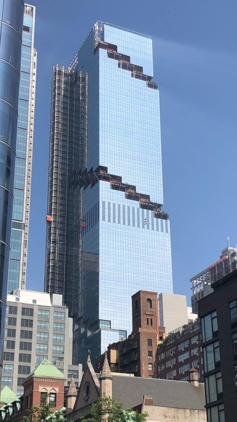 The Spiral tower in New York with a glass façade featuring a spiraling setback pattern.