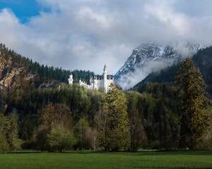 A majestic view of Neuschwanstein Castle in Germany, framed by lush greenery and mountains.