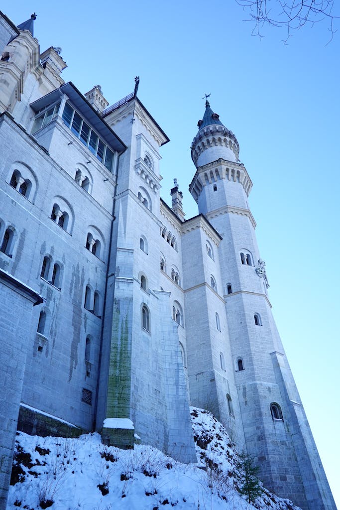 A majestic winter view of the iconic Neuschwanstein Castle in Bavaria, Germany.
