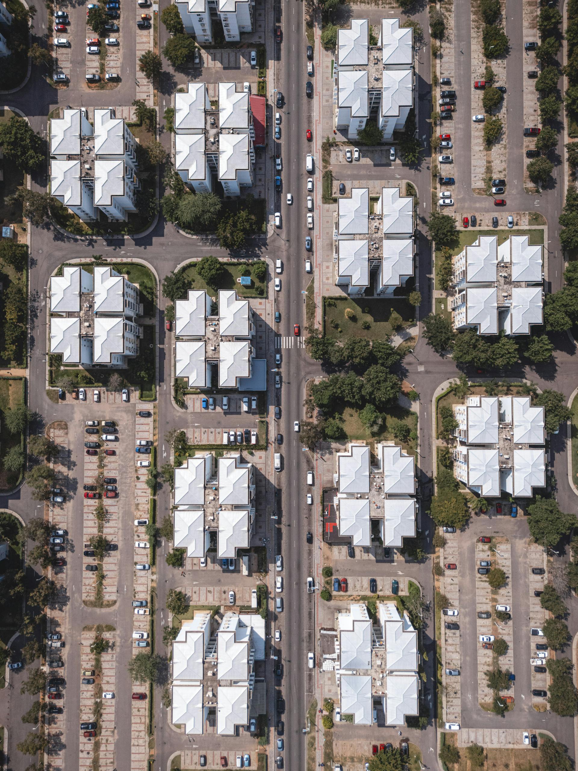 Aerial shot of residential buildings in Kilamba, Luanda, Angola. Urban planning and architecture.