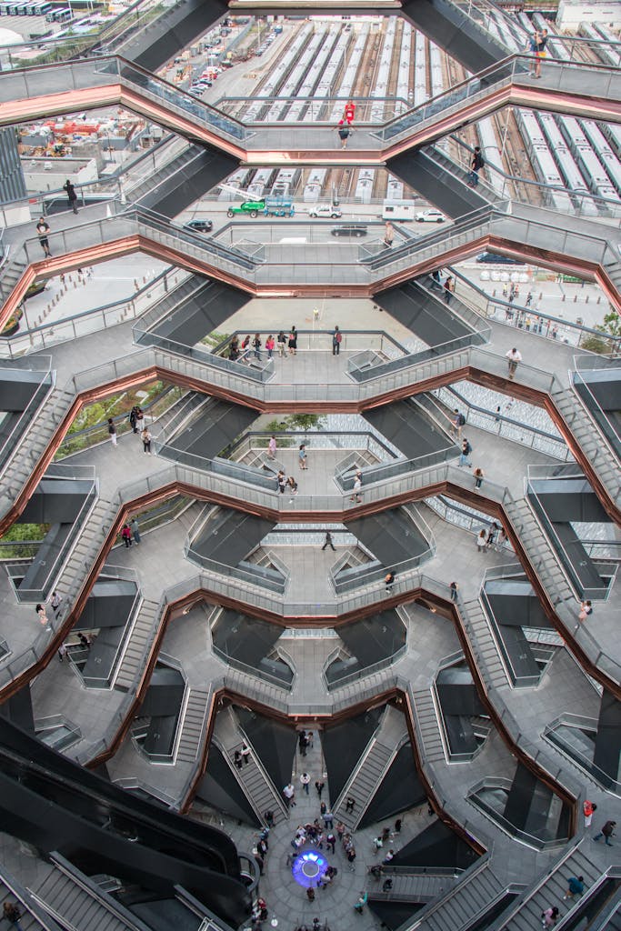 Aerial view of The Vessel, an iconic structure in New York, showcasing modern architecture.