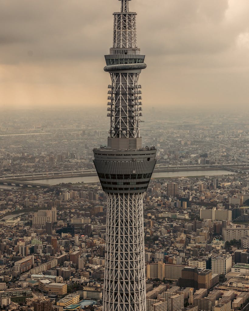 Aerial view of Tokyo Skytree amidst the urban skyline of Sumida, Tokyo, Japan.