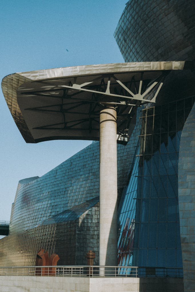 Close-up view of the Guggenheim Museum's unique architecture in Bilbao, Spain.