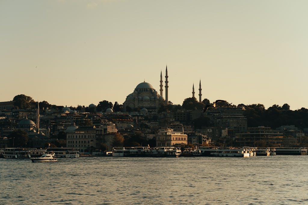 Explore Istanbul's iconic skyline with prominent mosques and minarets at sunset.