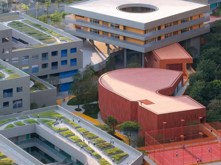 General view of the site showing schools, residential areas, and industrial parks