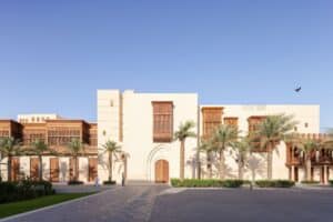 The façade of Culture Square overlooking Al-Arbaeen Lake in Jeddah