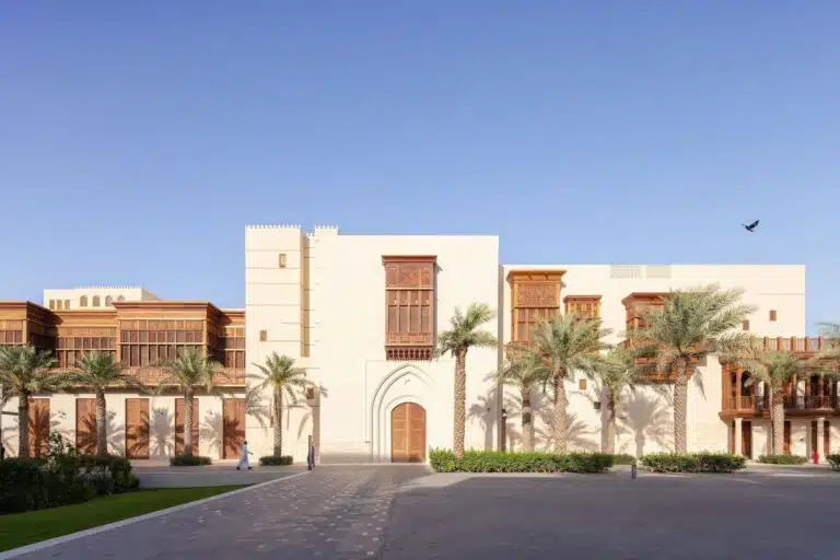 The façade of Culture Square overlooking Al-Arbaeen Lake in Jeddah