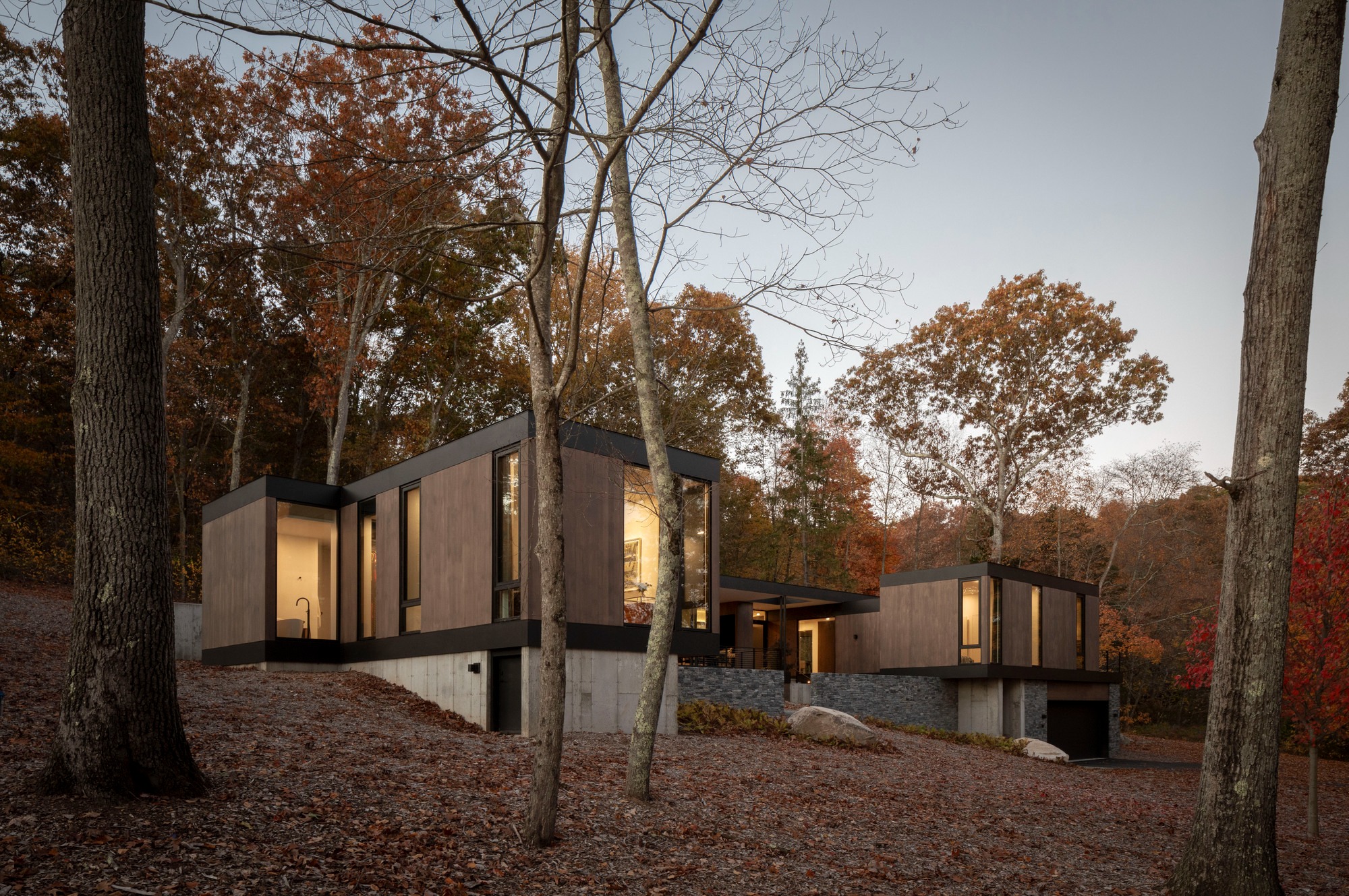 Exterior view of the Forest House nestled on a wooded slope overlooking the Connecticut River