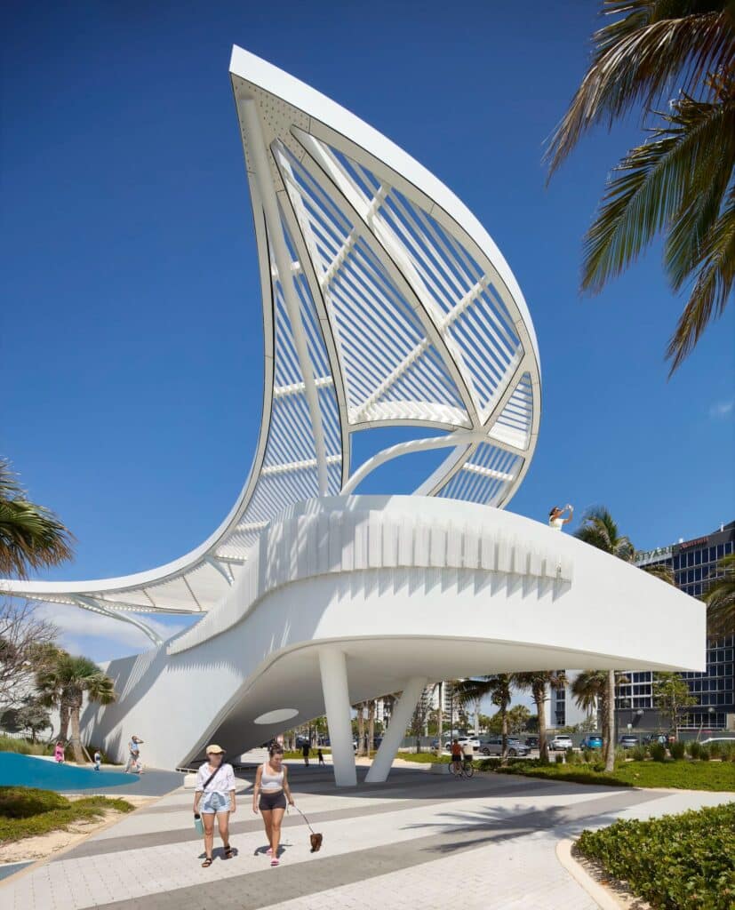 DC Alexander Park in Fort Lauderdale integrates coastal resilience, elevated dunes, hammock forest, and sustainable urban infrastructure to manage floods, enhance public green space, and create interactive recreational areas.