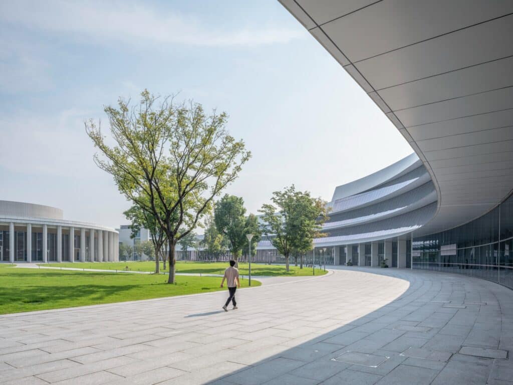 Central park of the campus with the conference hall at its heart, providing spaces for events and social interaction.