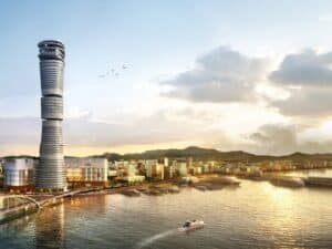 Busan Lotte Tower facade with horizontal wavy bands reflecting wave patterns