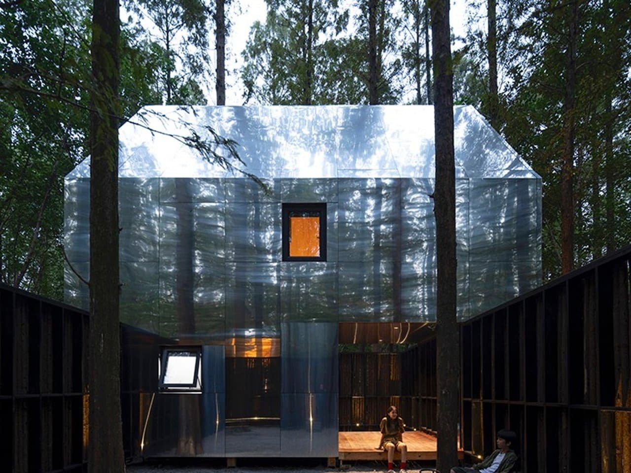 Time Machine treehouse reflecting sunlight through Metasequoia leaves