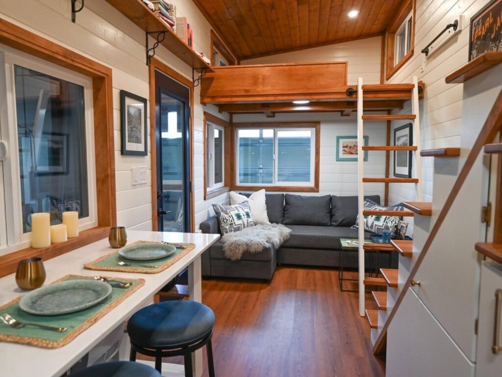 Exterior view of Big Freedom Tiny Homes showing mixed wood and metal materials