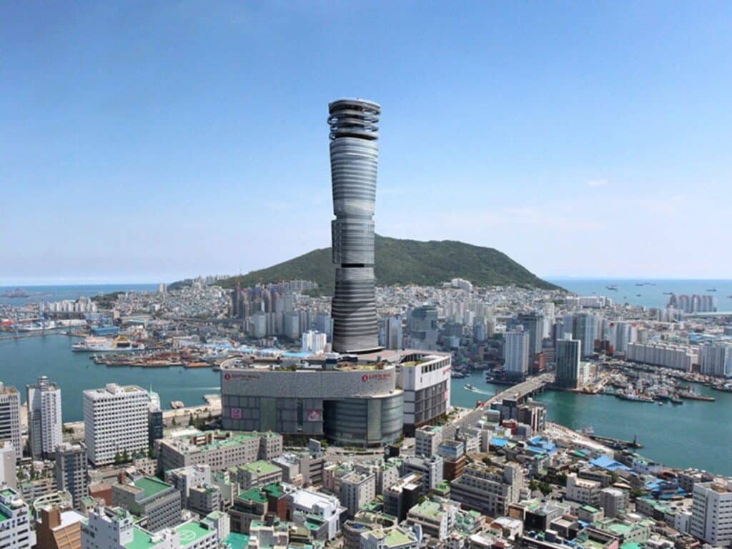 Busan Lotte Tower facade with horizontal wavy bands reflecting wave patterns