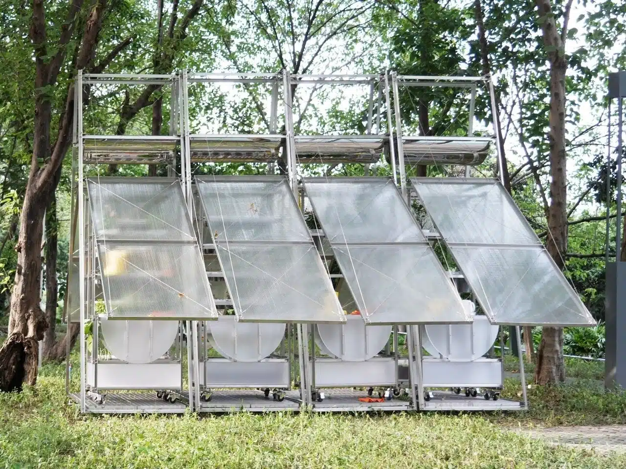 Steel A-frame structure covered with transparent polycarbonate panels