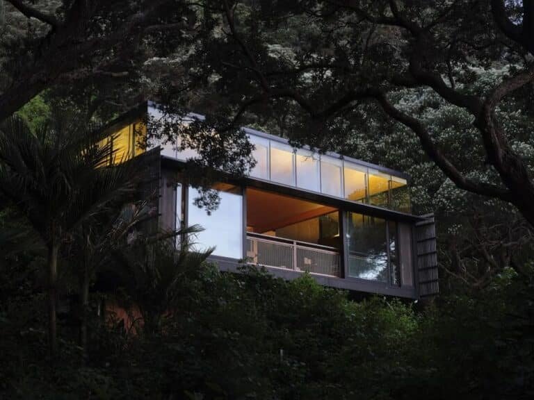 Kawakawa Bach elevated above Piha forest, showcasing ocean glimpses and sunlight filtering through native trees.