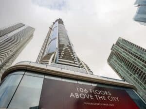 Exterior view of Pinnacle SkyTower in Toronto, showing its 106-story height and waterfront location