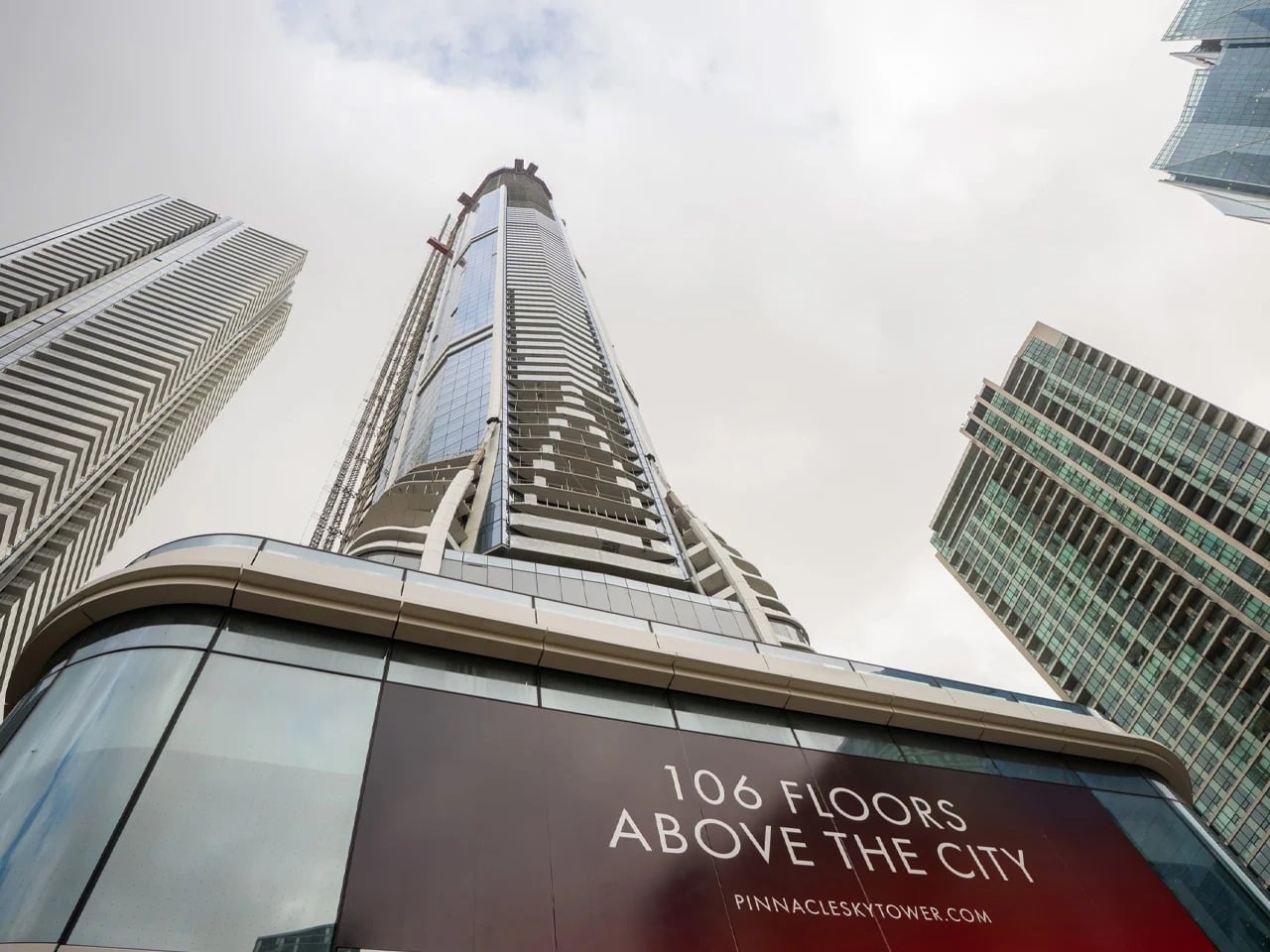 Exterior view of Pinnacle SkyTower in Toronto, showing its 106-story height and waterfront location