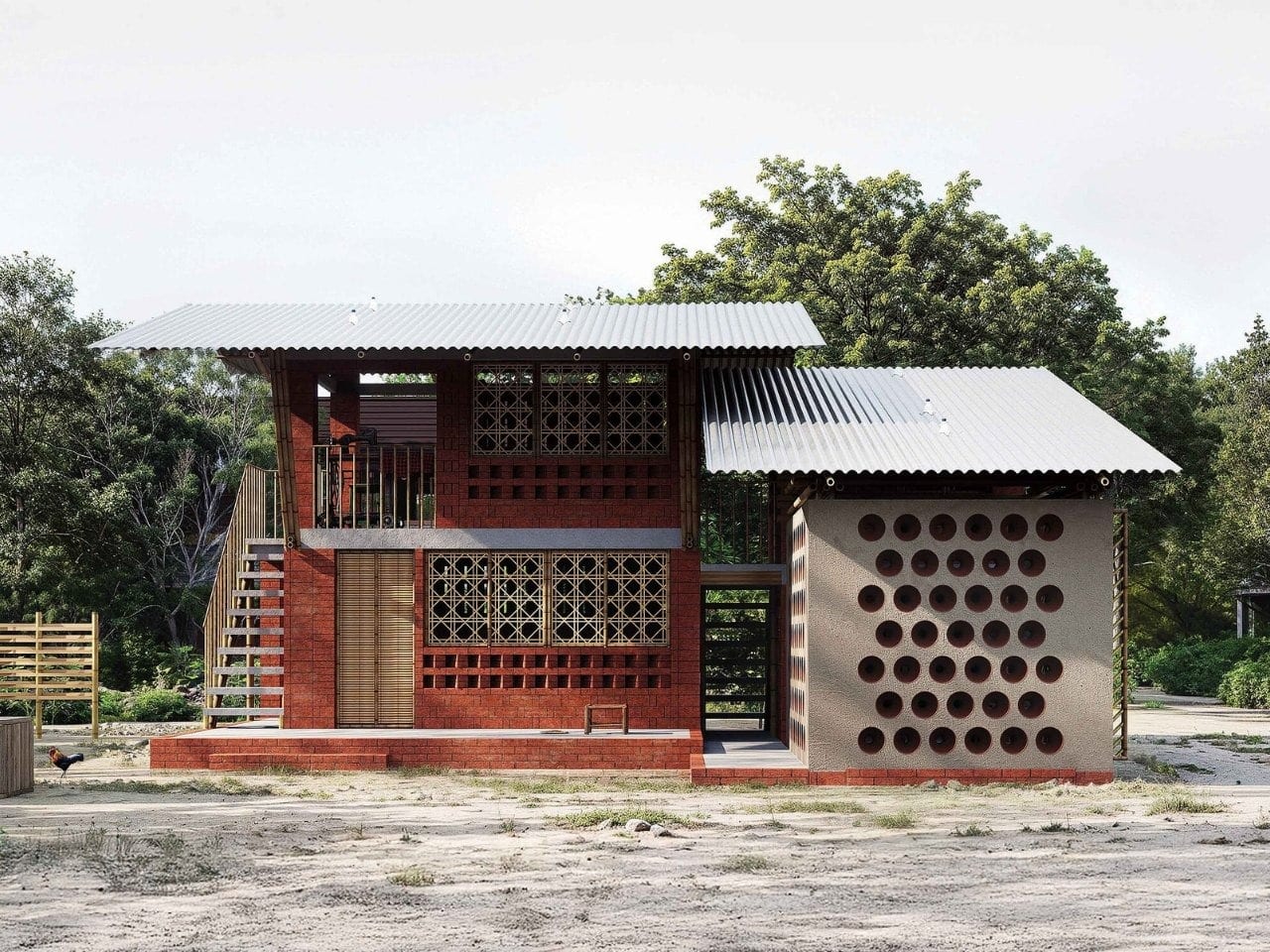 Vernacular bamboo house in Para Dash, Modonpur, Bangladesh, showcasing low-cost architecture using local materials and traditional construction techniques.