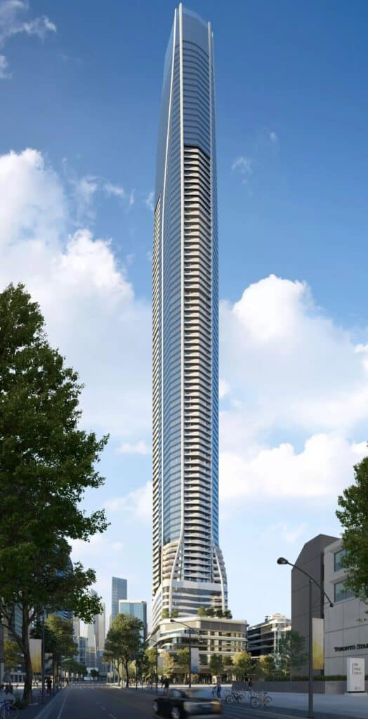 Exterior view of Pinnacle SkyTower in Toronto, showing its 106-story height and waterfront location