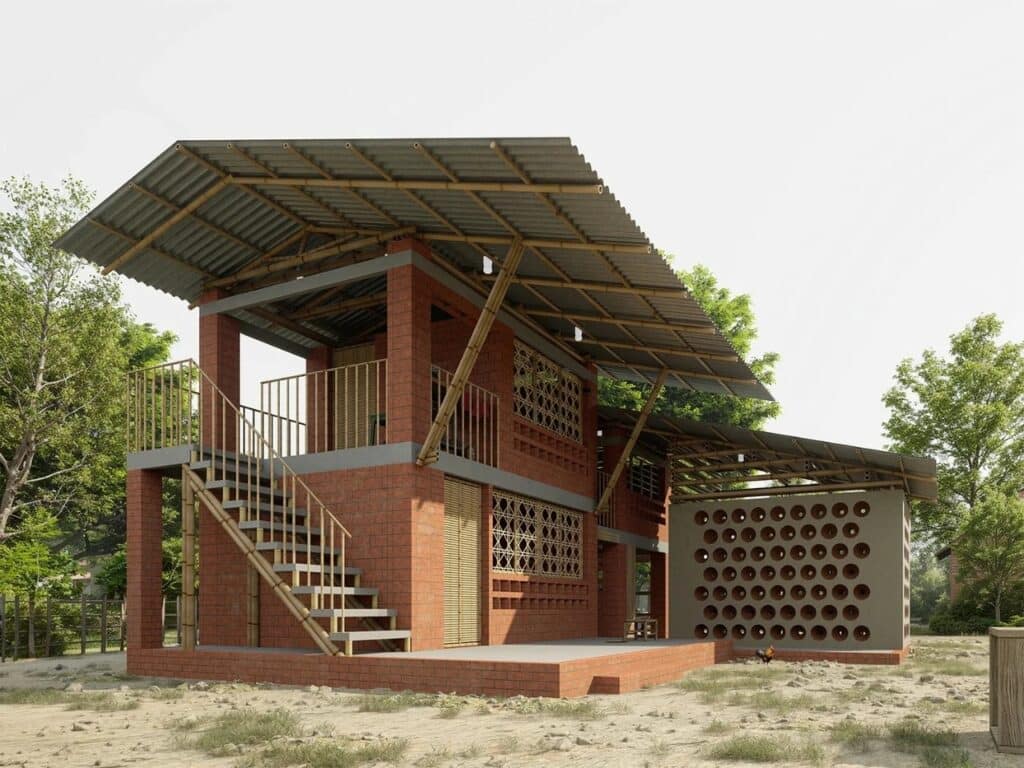 Vernacular bamboo house in Para Dash, Modonpur, Bangladesh, showcasing low-cost architecture using local materials and traditional construction techniques.