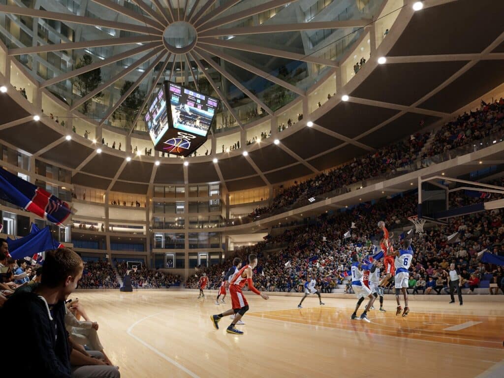 Interior sports arena of MVRDV Grand Hall with seating for basketball and volleyball games