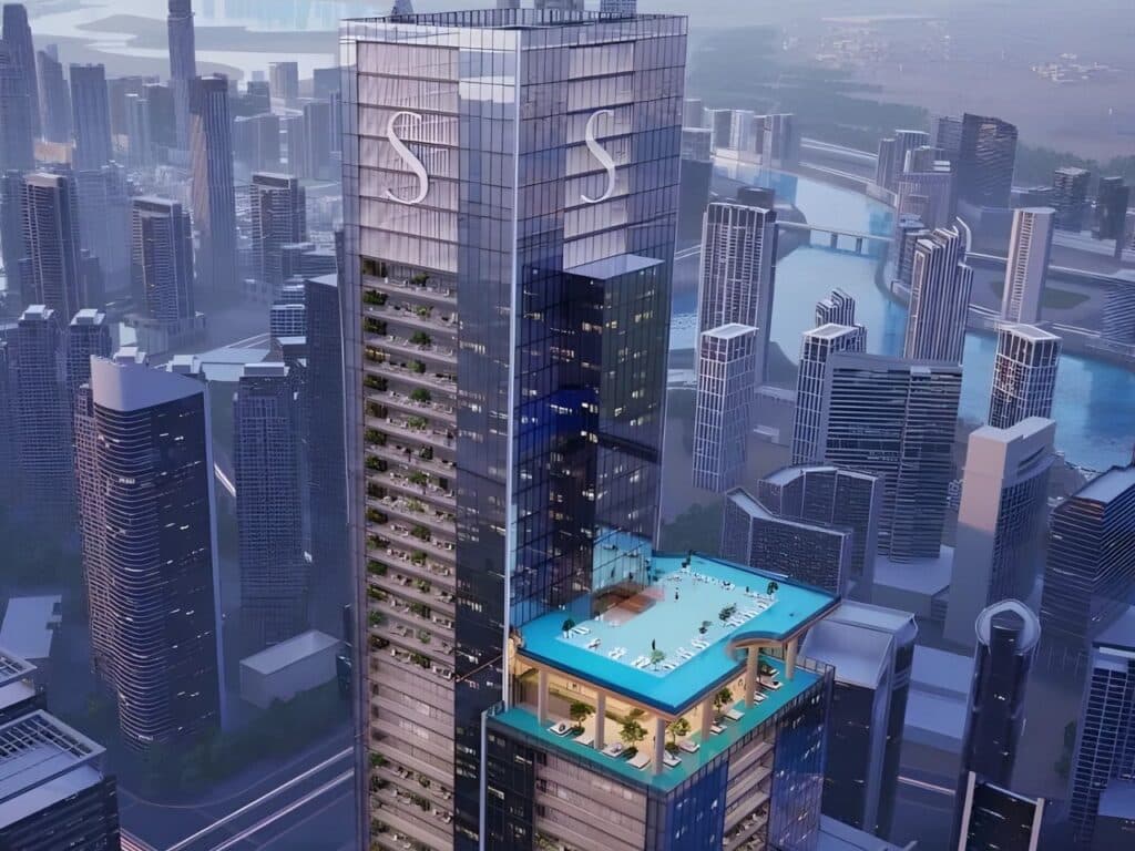 Sobha SkyParks tower in Dubai at 450 meters showing its modern architectural design