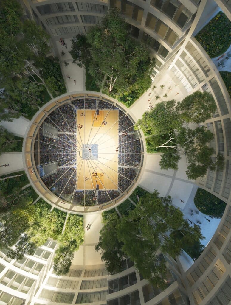 Interior sports arena of MVRDV Grand Hall with seating for basketball and volleyball games