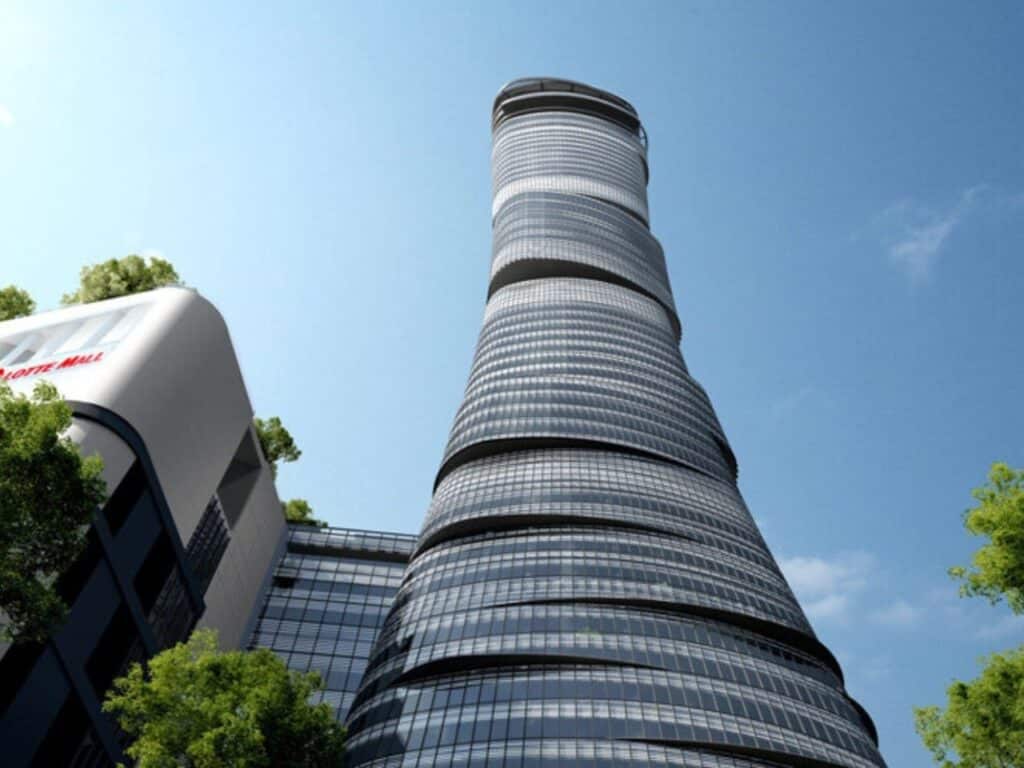 Busan Lotte Tower facade with horizontal wavy bands reflecting wave patterns