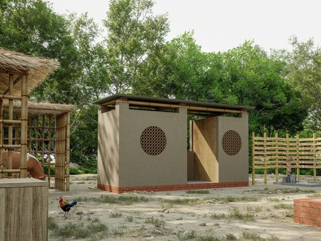 Vernacular bamboo house in Para Dash, Modonpur, Bangladesh, showcasing low-cost architecture using local materials and traditional construction techniques.