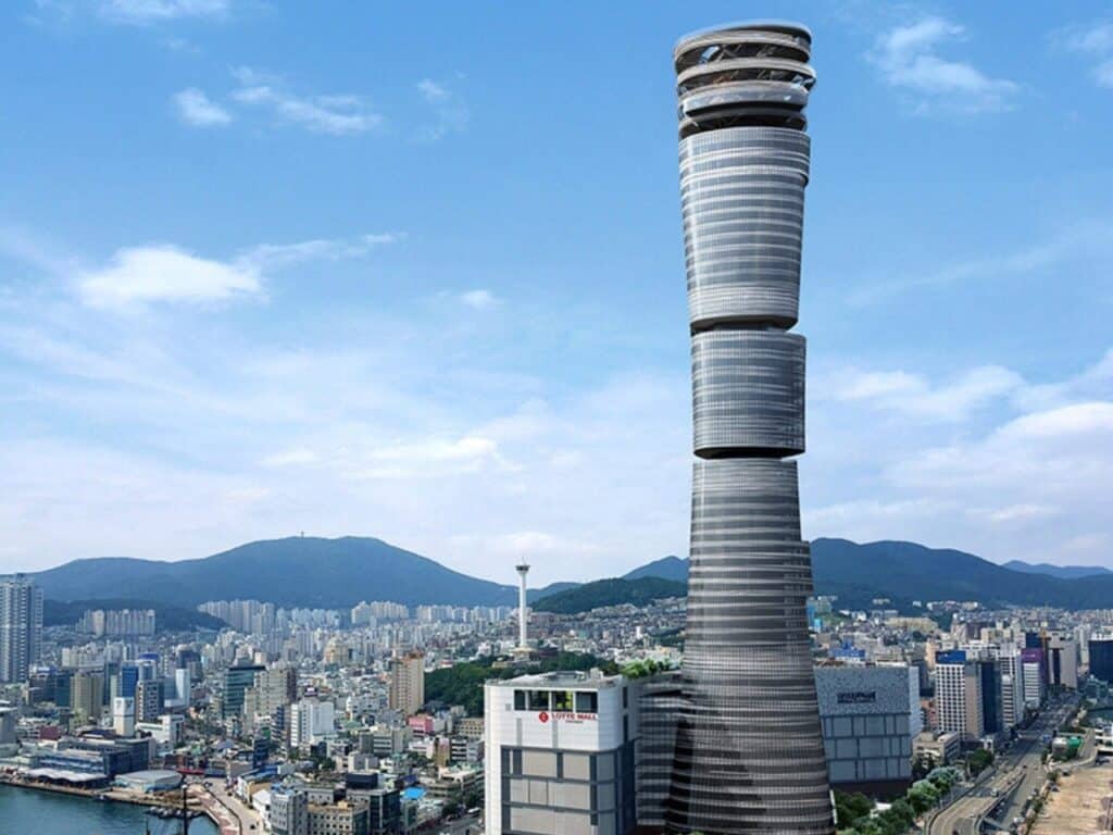 Busan Lotte Tower facade with horizontal wavy bands reflecting wave patterns