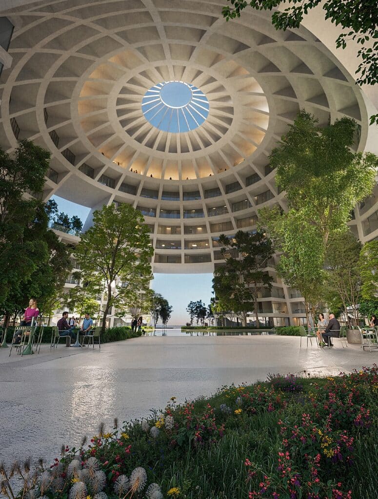Interior sports arena of MVRDV Grand Hall with seating for basketball and volleyball games