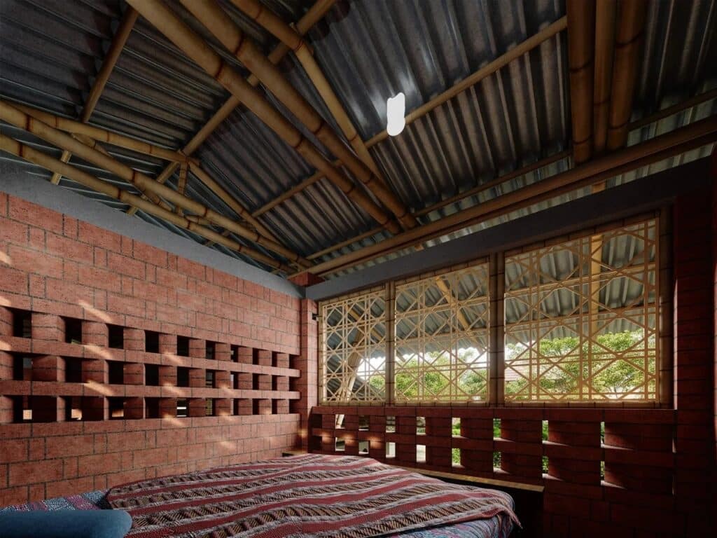 Interior layout of the low-cost Vernacular house, highlighting functional spaces including bedrooms, kitchen, and future child&rsquo;s room designed for extended family living.