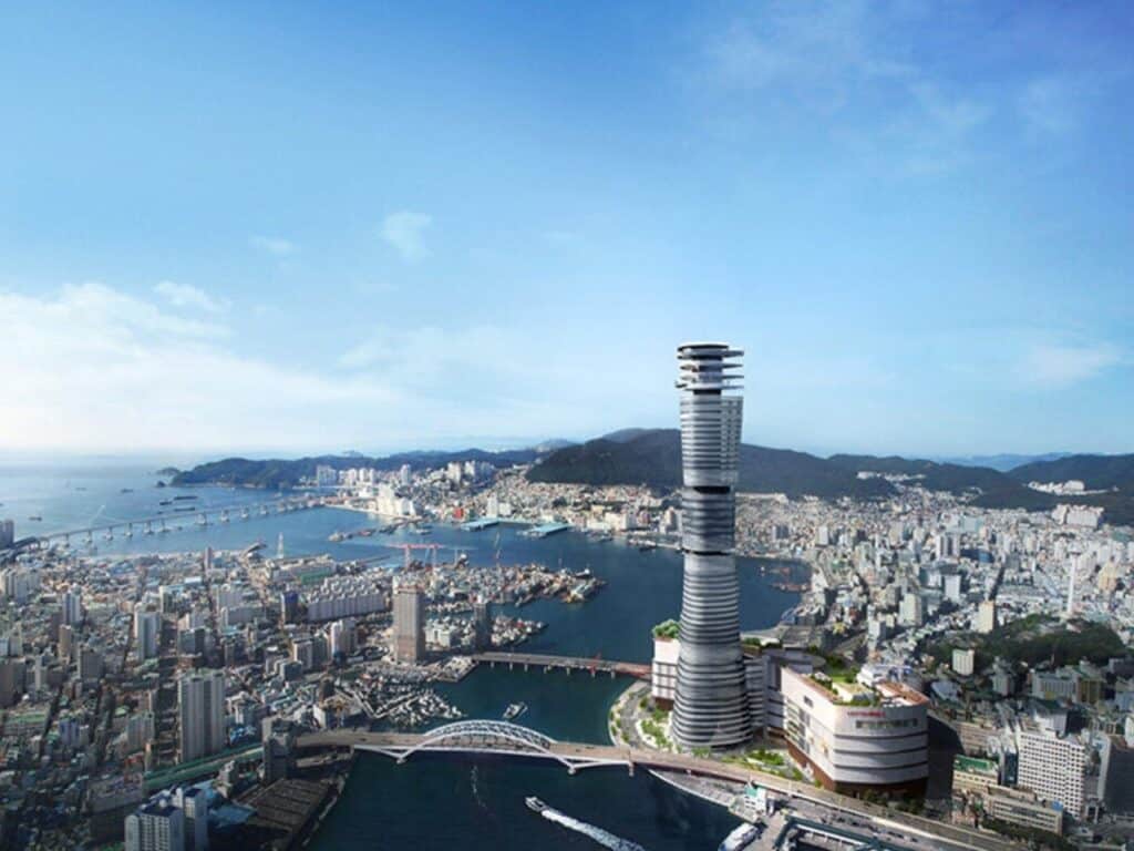 Busan Lotte Tower facade with horizontal wavy bands reflecting wave patterns