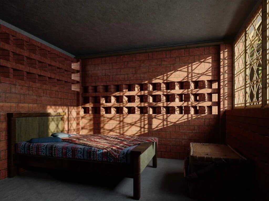 Interior layout of the low-cost Vernacular house, highlighting functional spaces including bedrooms, kitchen, and future child&rsquo;s room designed for extended family living.