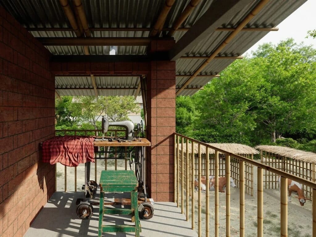 Interior layout of the low-cost Vernacular house, highlighting functional spaces including bedrooms, kitchen, and future child&rsquo;s room designed for extended family living.