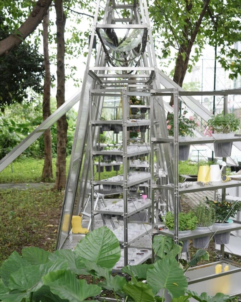 Steel A-frame structure covered with transparent polycarbonate panels