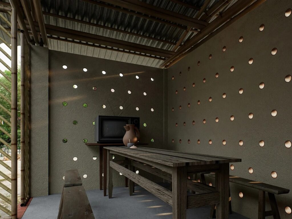 Interior layout of the low-cost Vernacular house, highlighting functional spaces including bedrooms, kitchen, and future child&rsquo;s room designed for extended family living.