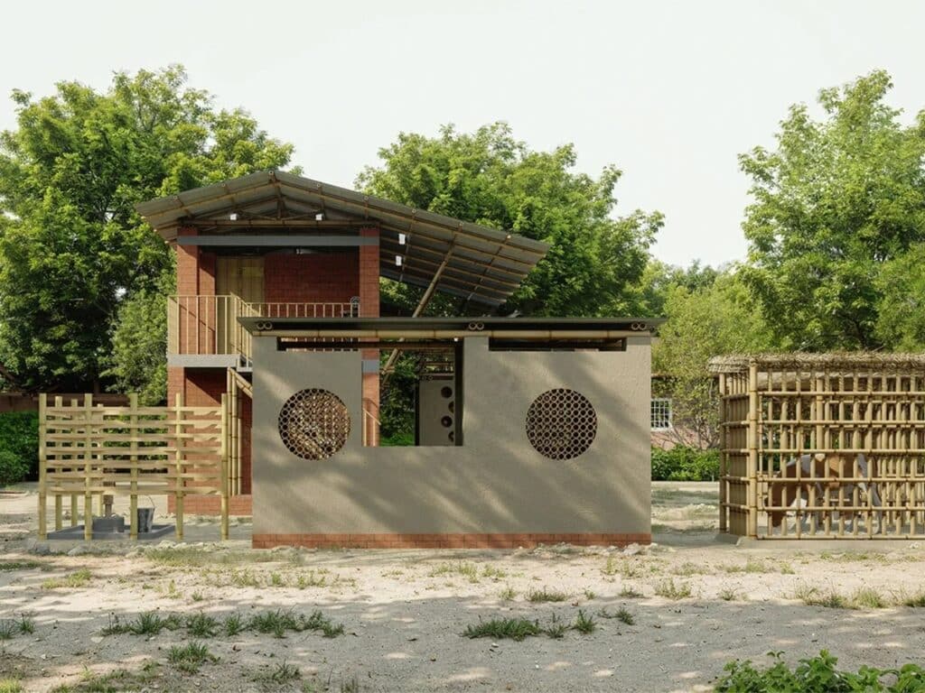 Low-cost Vernacular house in Para Dash, Bangladesh, using bamboo, clay, and local materials; design integrates family spaces, climate-adaptive architecture, natural ventilation, traditional techniques, and sustainable solutions like sunlight bottles and clay pots.