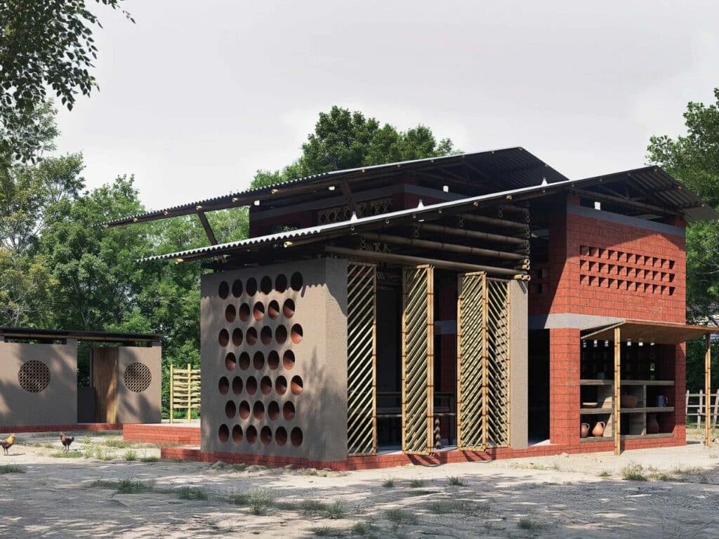 Low-cost Vernacular house in Para Dash, Bangladesh, using bamboo, clay, and local materials; design integrates family spaces, climate-adaptive architecture, natural ventilation, traditional techniques, and sustainable solutions like sunlight bottles and clay pots.
