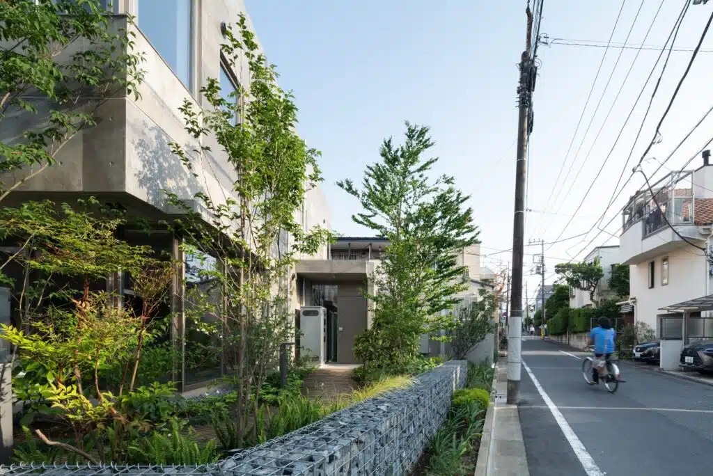 Overview of Nishi-Ogikubo residential cluster showing three-story terraced houses and narrow garden paths.